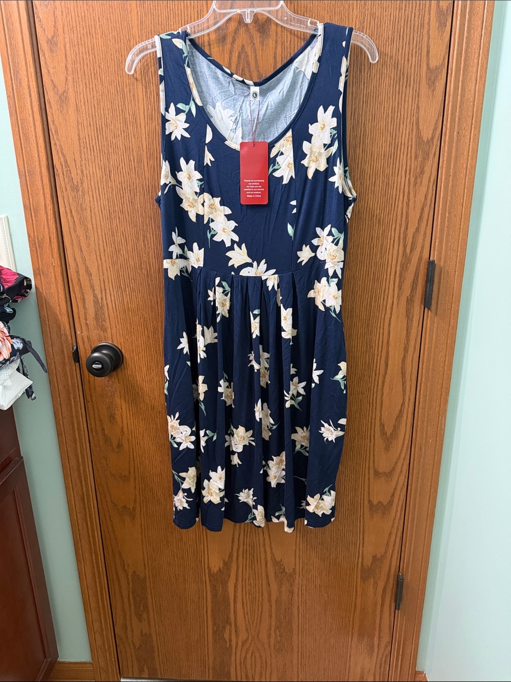 Women's Navy Floral Midi Dress with V-Neck